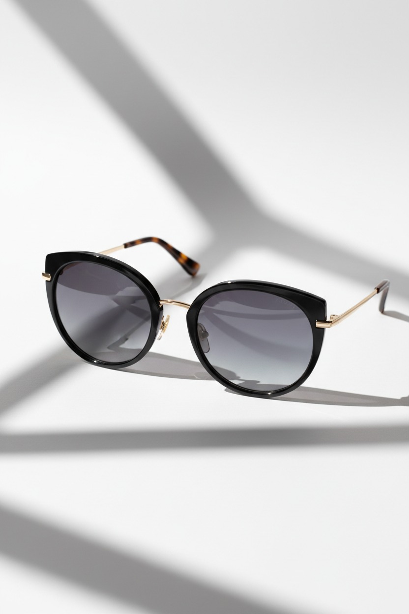 oculos escuro feminino em um fundo branco, como em studio. foto profissional e criativa com jogo de luz e sombra sem logotipo